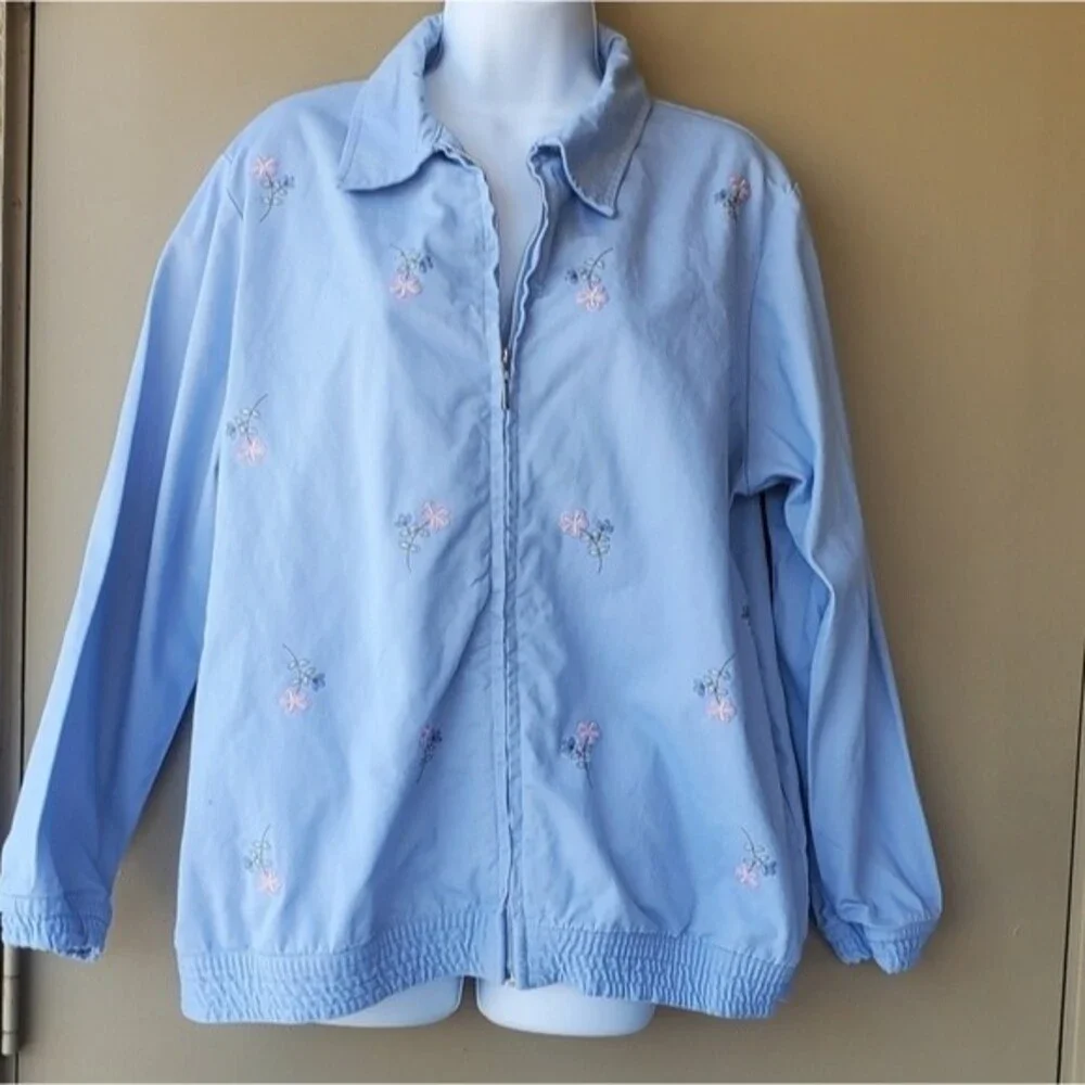Vintage 1990s Womens Blue Floral Grandma Coquette Cottage Core Full zip Jacket
